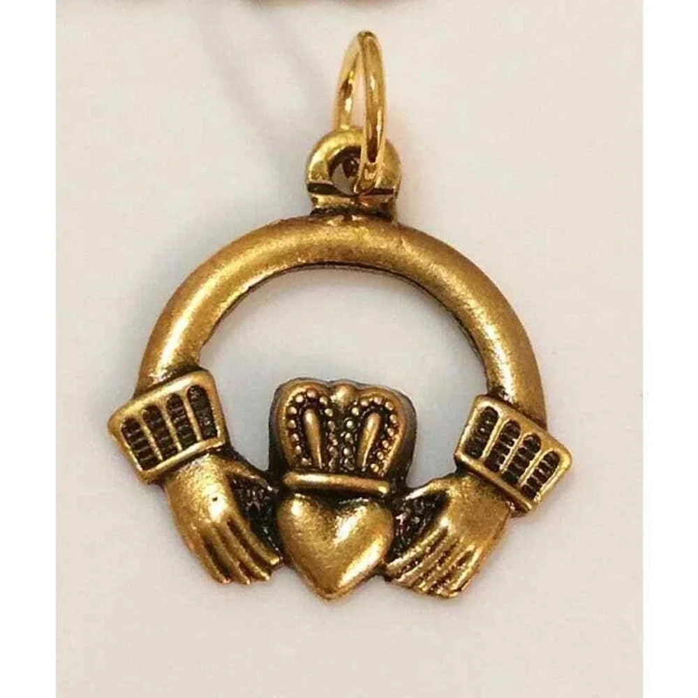 Gold Brass Tone Celtic Claddagh Pendant Charm Irish St Patrick's Day Vintage USA